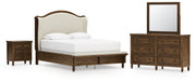 Sturlayne Queen Upholstered Panel Bed with Mirrored Dresser and Nightstand in Brown from Ashley - Lara Furniture