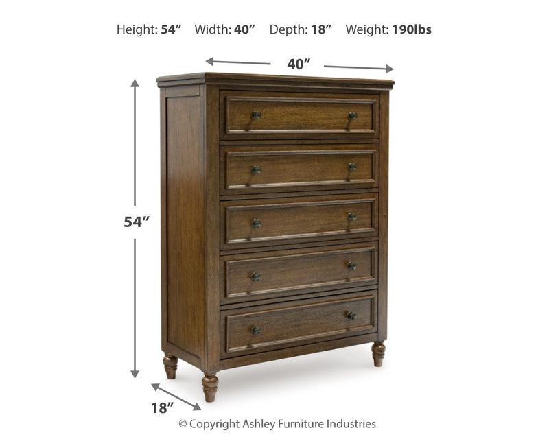 Sturlayne Queen Upholstered Panel Bed with Mirrored Dresser, Chest and 2 Nightstands in Brown from Ashley - Lara Furniture