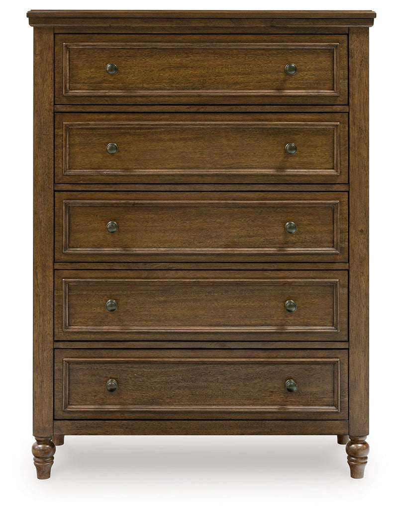 Sturlayne Queen Upholstered Panel Bed with Mirrored Dresser, Chest and Nightstand in Brown from Ashley - Lara Furniture