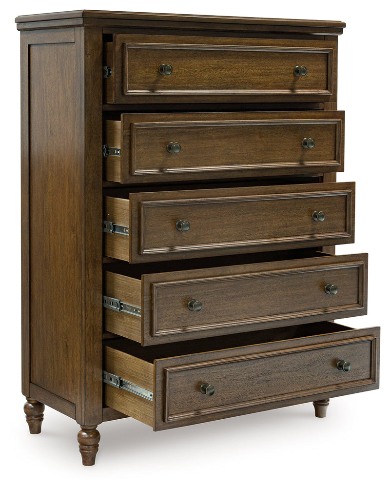 Sturlayne Queen Upholstered Panel Bed with Mirrored Dresser, Chest and Nightstand in Brown from Ashley - Lara Furniture