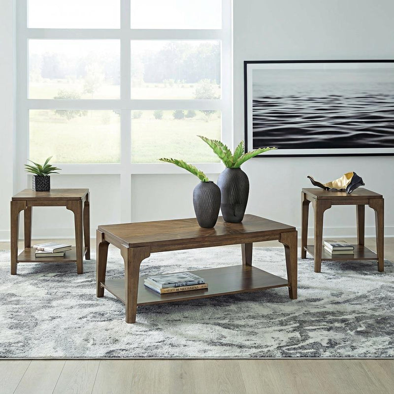 [T130-3PC-Set] Langford - 3PC Coffee Table Set, Solid Rubber Wood, MDF, Acaica Veneer, Brown Each - T130-3PC-Set