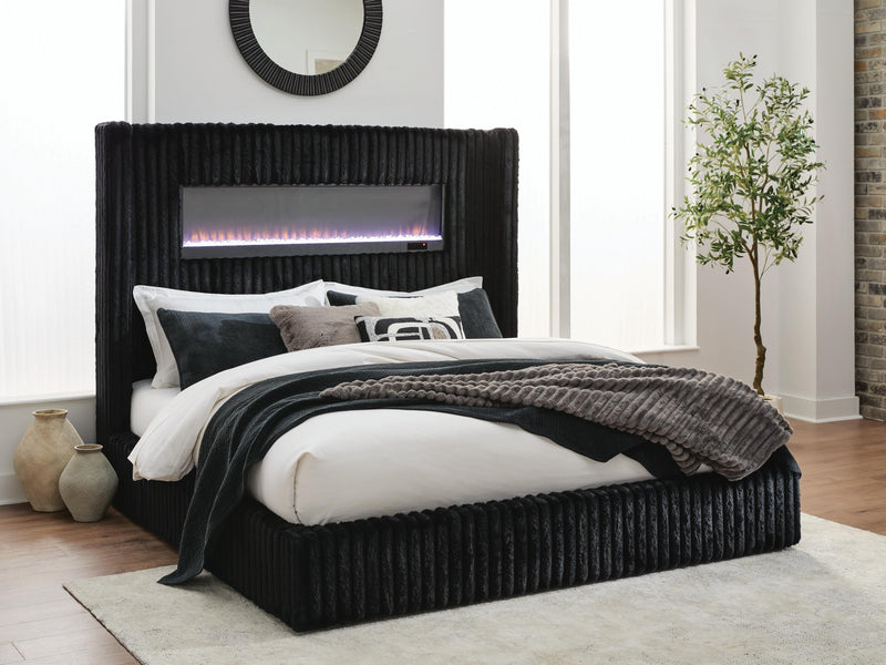 Tayleena Black Queen Upholstered Bed with Fireplace and Wireless Audio - PCB620B1