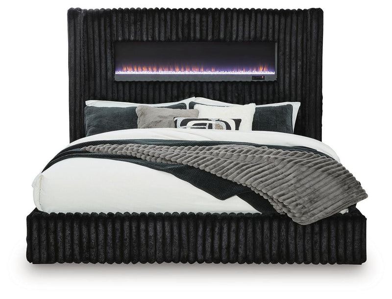 Tayleena Black Queen Upholstered Bed with Fireplace and Wireless Audio - PCB620B1