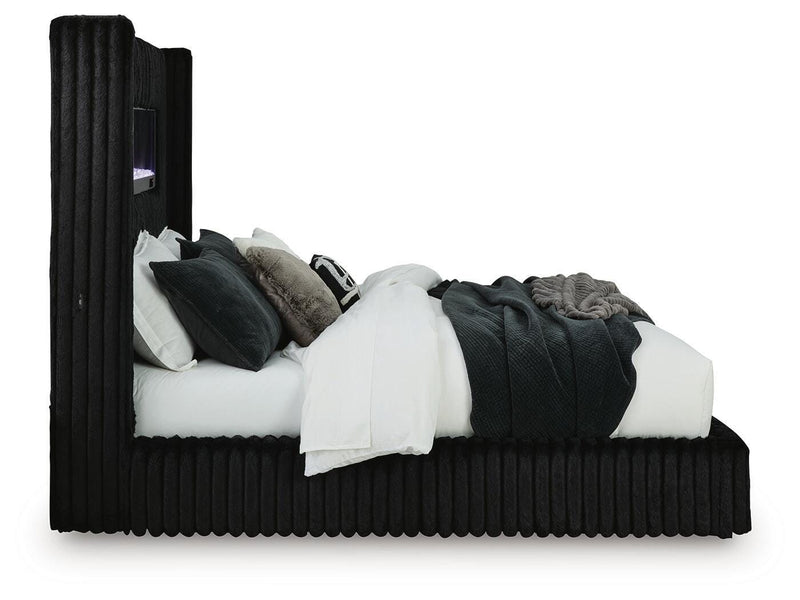 Tayleena Black Queen Upholstered Bed with Fireplace and Wireless Audio - PCB620B1