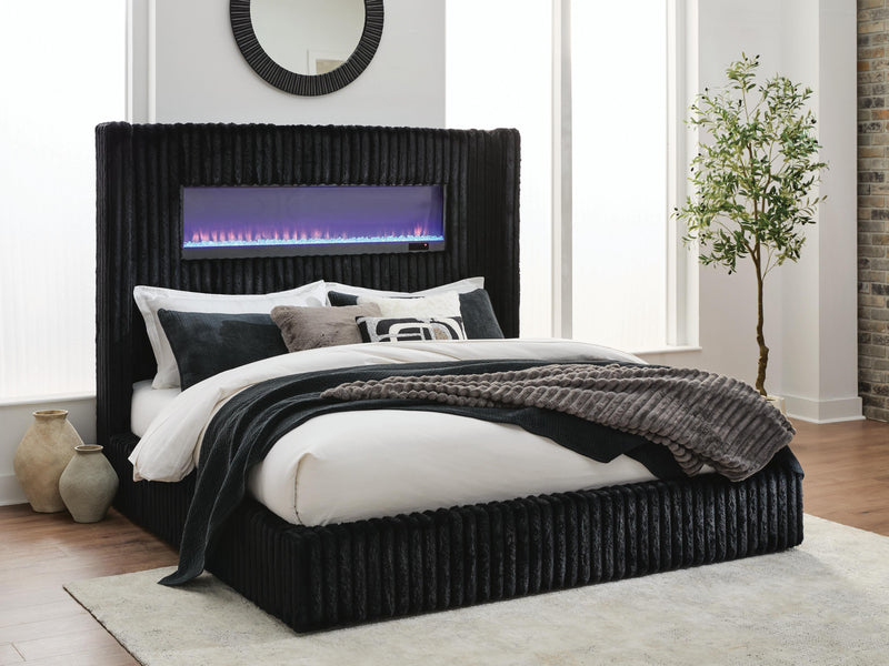 Tayleena Black Queen Upholstered Bed with Fireplace and Wireless Audio - PCB620B1