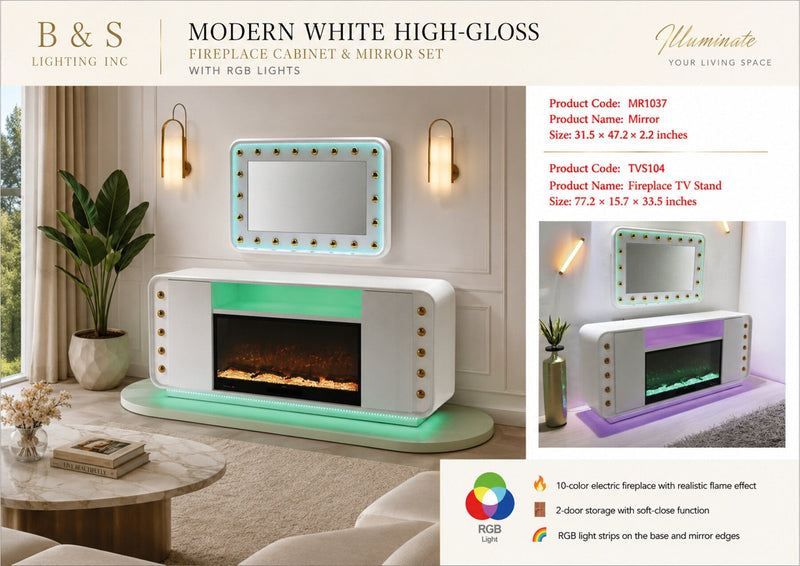 TVS104 Modern white  & Gold Electric Fireplace TV Stand (77" x 15.7" x 33.5") - 210000007840