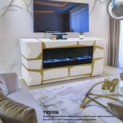 TVS106 Modern Geometric Electric Fireplace Console Table/TV Stand - White & Gold Finish (65" x 17.7" x 30.7") - 210000007834