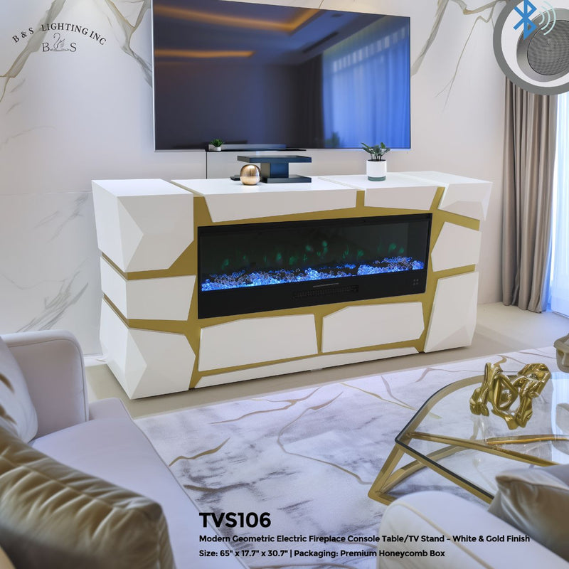 TVS106 Modern Geometric Electric Fireplace Console Table/TV Stand - White & Gold Finish (65" x 17.7" x 30.7") - 210000007834