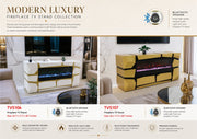 TVS106 Modern Geometric Electric Fireplace Console Table/TV Stand - White & Gold Finish (65" x 17.7" x 30.7") - 210000007834