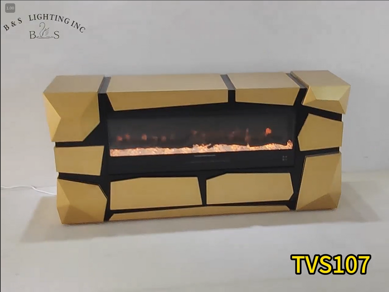TVS107 Modern Geometric Electric Fireplace Console Table/TV Stand - Black & Gold Finish (65" x 17.7" x 30.7") - 210000007836