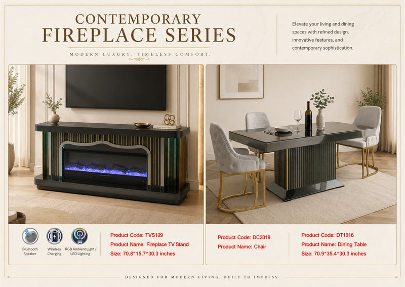 TVS109 Modern Grey & Gold Electric Fireplace TV Stand (71" x 16" x 31") WITH WIRELESS CHARGER - 210000007846