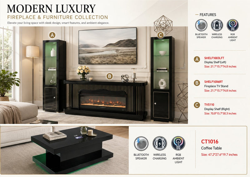 TVS110 Modern Black & Gold Electric Fireplace TV Stand (71" x 16" x 31") WITH WIRELESS CHARGER - 210000007848