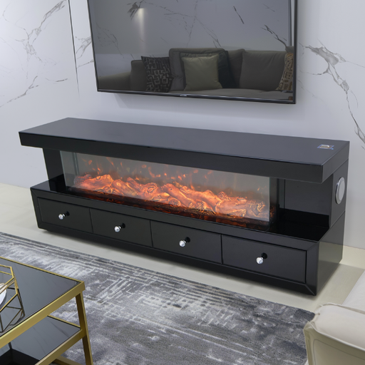 TVS113 Modern Black Electric Fireplace TV Stand (70" x 15" x 25") With Bluetooth Speaker - 210000007890