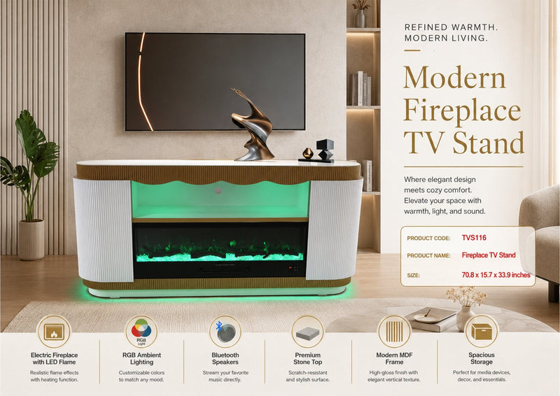 TVS116 – Fireplace TV Stand with Bluetooth Speaker 70.9"×15.7"×33.9" - 210000007899