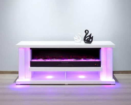 TVS117 Modern White Electric Fireplace TV Stand (71" x 16" x 29") With Bluetooth Speaker - 210000007948