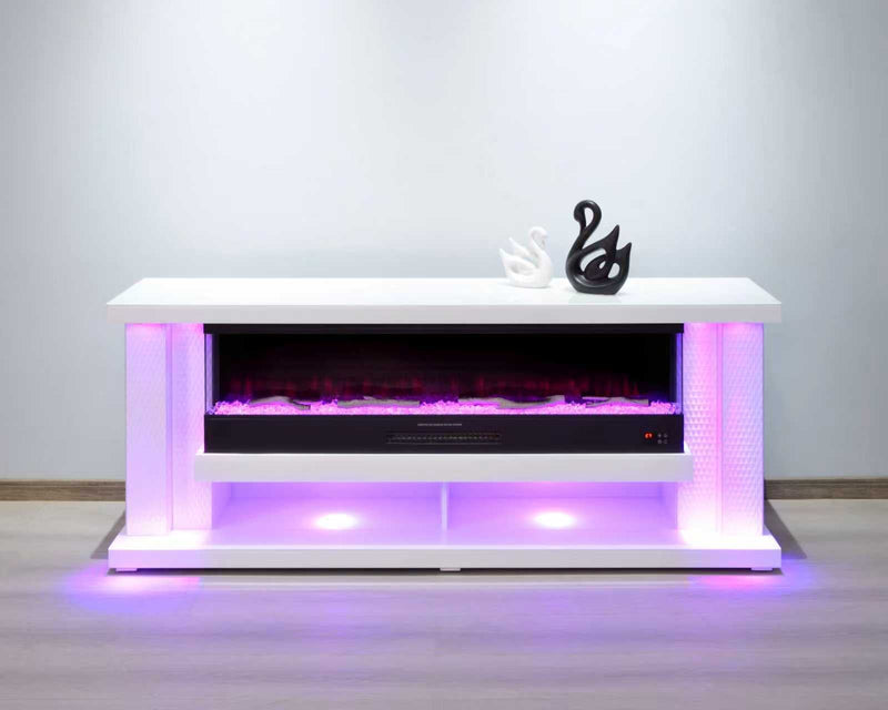 TVS117 Modern White Electric Fireplace TV Stand (71" x 16" x 29") With Bluetooth Speaker - 210000007948