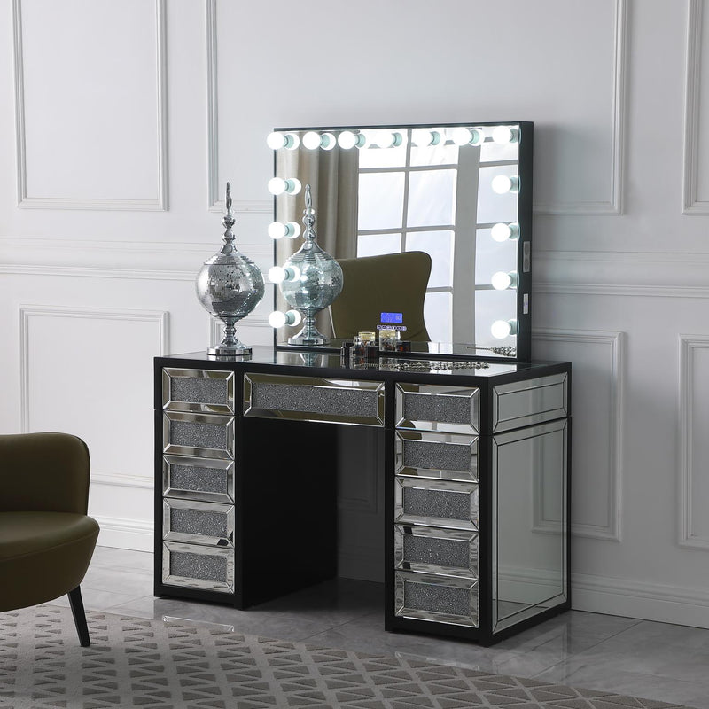 V - Hollywood Black Vanity Desk W/ Bluetooth Hollywood Mirror - V455