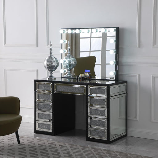 V - Hollywood Black Vanity Desk W/ Bluetooth Hollywood Mirror - V455