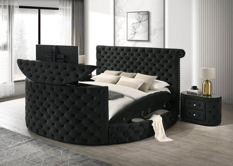 Voltare Black Queen Upholstered Fireplace Bed with TV Lift - Lara FurnitureQueen Bed