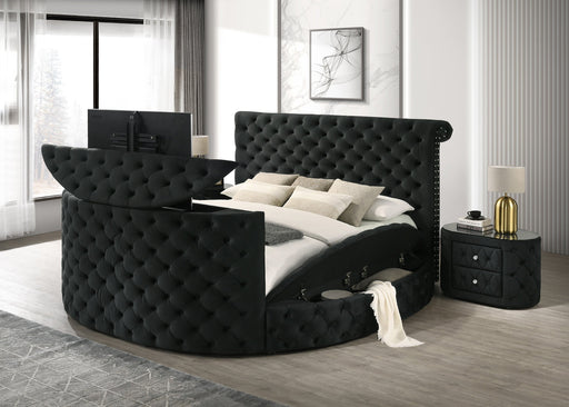 Voltare Black Queen Upholstered Fireplace Bed with TV Lift - Lara FurnitureQueen Bed