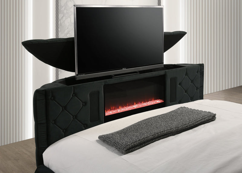 Voltare Black Queen Upholstered Fireplace Bed with TV Lift - Lara FurnitureQueen Bed