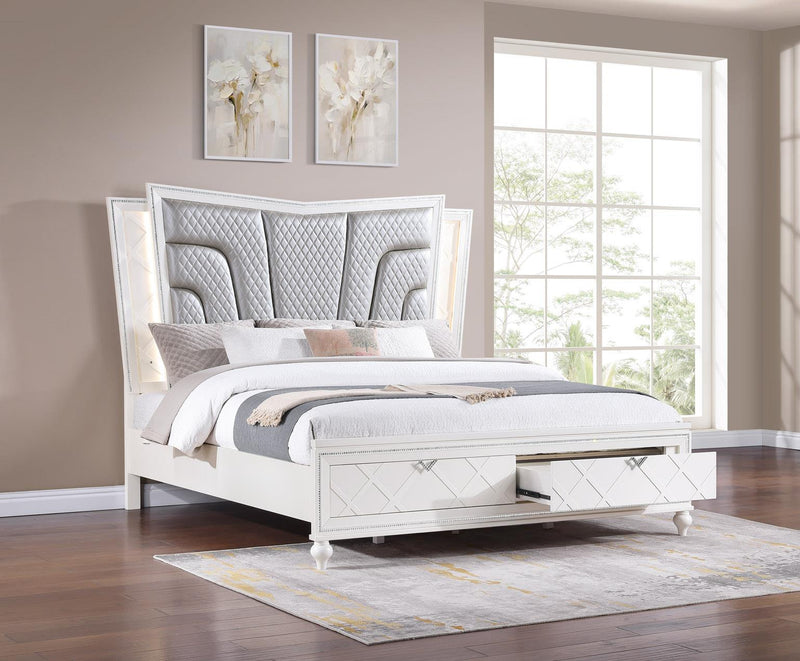 Wallace - Cream Storage King Bed with Upholstered Headboard and LED Light - B237-K-Bed