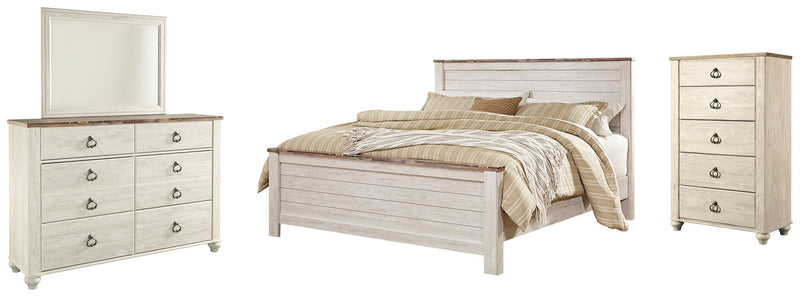 Willowton California King Panel Bed with Mirrored Dresser and Chest in Whitewash from Ashley - Lara Furniture
