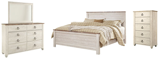 Willowton California King Panel Bed with Mirrored Dresser and Chest in Whitewash from Ashley - Lara Furniture