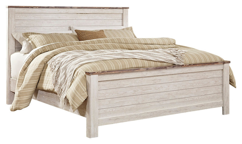 Willowton California King Panel Bed with Mirrored Dresser, Chest and Nightstand in Whitewash - PKG004430