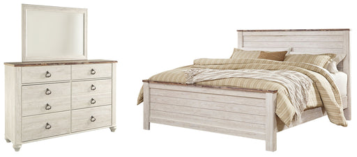 Willowton California King Panel Bed with Mirrored Dresser in Whitewash from Ashley - Lara Furniture