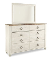 Willowton California King Panel Bed with Mirrored Dresser in Whitewash from Ashley - Lara Furniture
