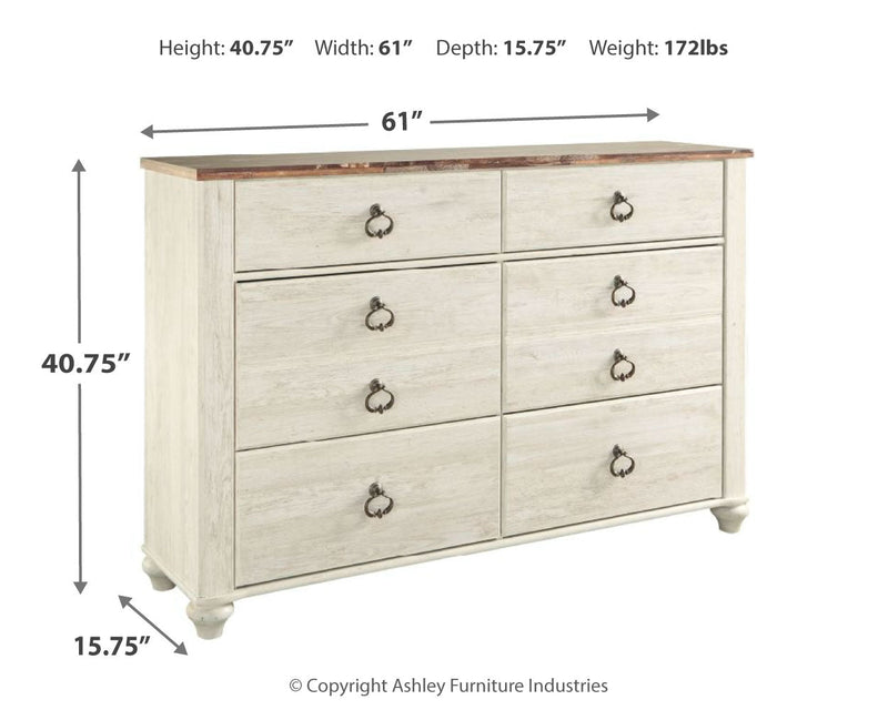 Willowton King/California King Panel Headboard Bed with Dresser in Whitewash from Ashley - Lara Furniture