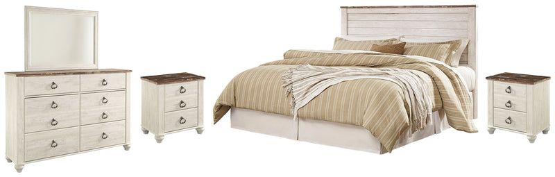 Willowton King/California King Panel Headboard Bed with Mirrored Dresser and 2 Nightstands in Whitewash from Ashley - Lara Furniture
