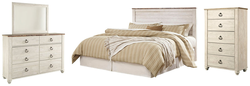Willowton King/California King Panel Headboard Bed with Mirrored Dresser and Chest in Whitewash from Ashley - Lara Furniture