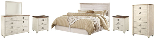 Willowton King/California King Panel Headboard Bed with Mirrored Dresser, Chest and 2 Nightstands in Whitewash from Ashley - Lara Furniture