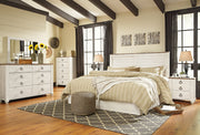 Willowton King/California King Panel Headboard Bed with Mirrored Dresser, Chest and Nightstand in Whitewash from Ashley - Lara Furniture