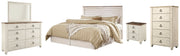 Willowton King/California King Panel Headboard Bed with Mirrored Dresser, Chest and Nightstand in Whitewash from Ashley - Lara Furniture