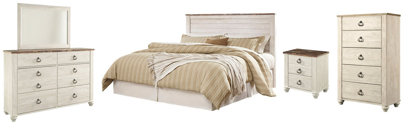 Willowton King/California King Panel Headboard Bed with Mirrored Dresser, Chest and Nightstand in Whitewash from Ashley - Lara Furniture