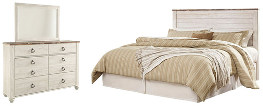 Willowton King/California King Panel Headboard Bed with Mirrored Dresser in Whitewash from Ashley - Lara Furniture