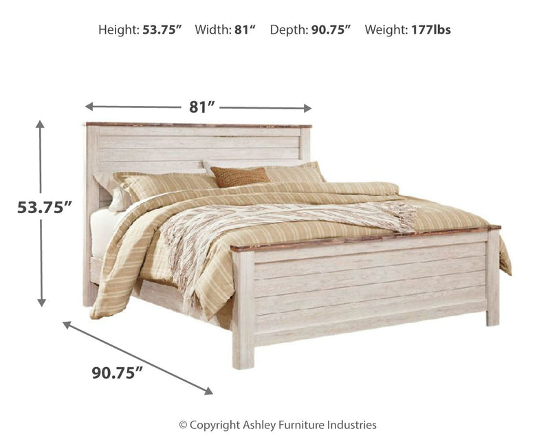 Willowton King Panel Bed with Mirrored Dresser, Chest and Nightstand in Whitewash - PKG004426