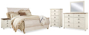 Willowton King Sleigh Bed with Mirrored Dresser, Chest and 2 Nightstands in Whitewash from Ashley - Lara Furniture