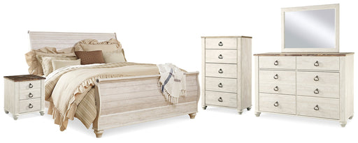 Willowton King Sleigh Bed with Mirrored Dresser, Chest and 2 Nightstands in Whitewash from Ashley - Lara Furniture