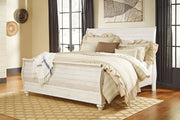 Willowton King Sleigh Bed with Mirrored Dresser, Chest and 2 Nightstands in Whitewash from Ashley - Lara Furniture