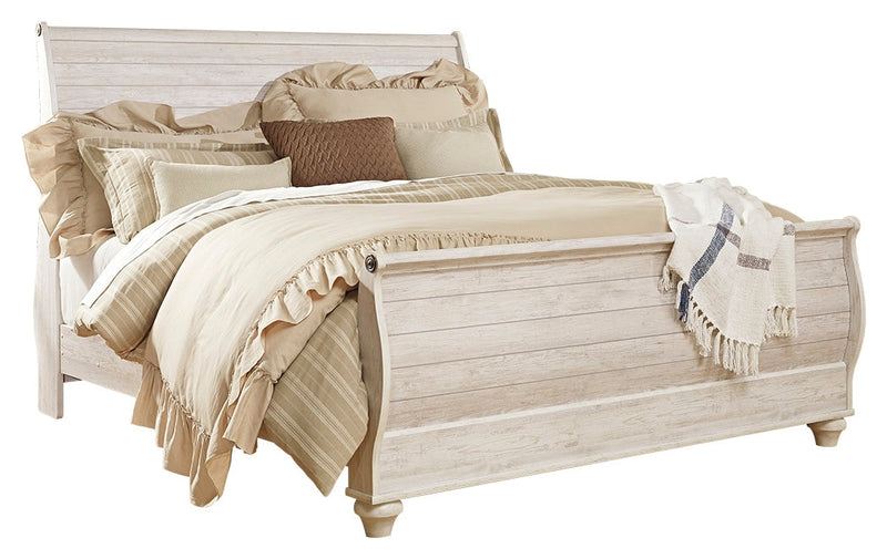 Willowton King Sleigh Bed with Mirrored Dresser, Chest and 2 Nightstands in Whitewash from Ashley - Lara Furniture