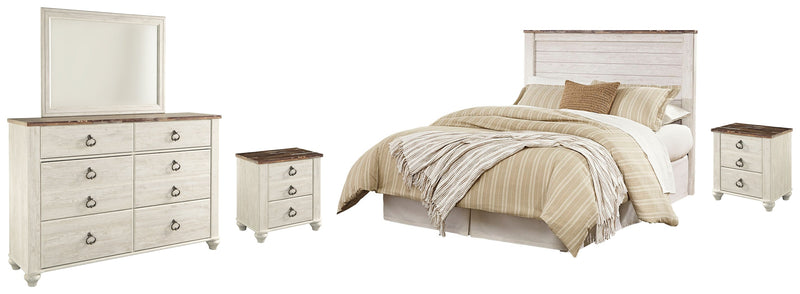 Willowton Queen/Full Panel Headboard Bed with Mirrored Dresser and 2 Nightstands in Whitewash from Ashley - Lara Furniture