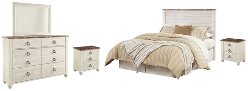 Willowton Queen/Full Panel Headboard Bed with Mirrored Dresser and 2 Nightstands in Whitewash from Ashley - Lara Furniture
