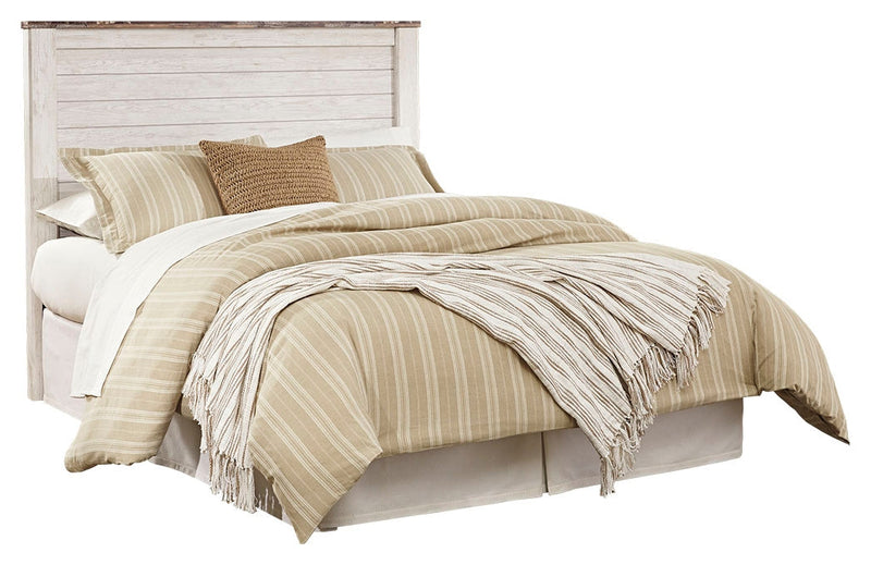 Willowton Queen/Full Panel Headboard Bed with Mirrored Dresser and 2 Nightstands in Whitewash from Ashley - Lara Furniture