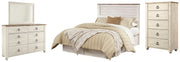 Willowton Queen/Full Panel Headboard Bed with Mirrored Dresser and Chest in Whitewash from Ashley - Lara Furniture