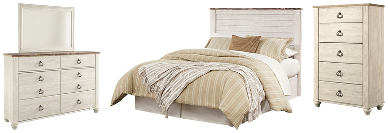 Willowton Queen/Full Panel Headboard Bed with Mirrored Dresser and Chest in Whitewash from Ashley - Lara Furniture
