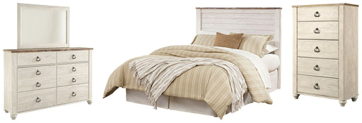 Willowton Queen/Full Panel Headboard Bed with Mirrored Dresser and Chest in Whitewash from Ashley - Lara Furniture